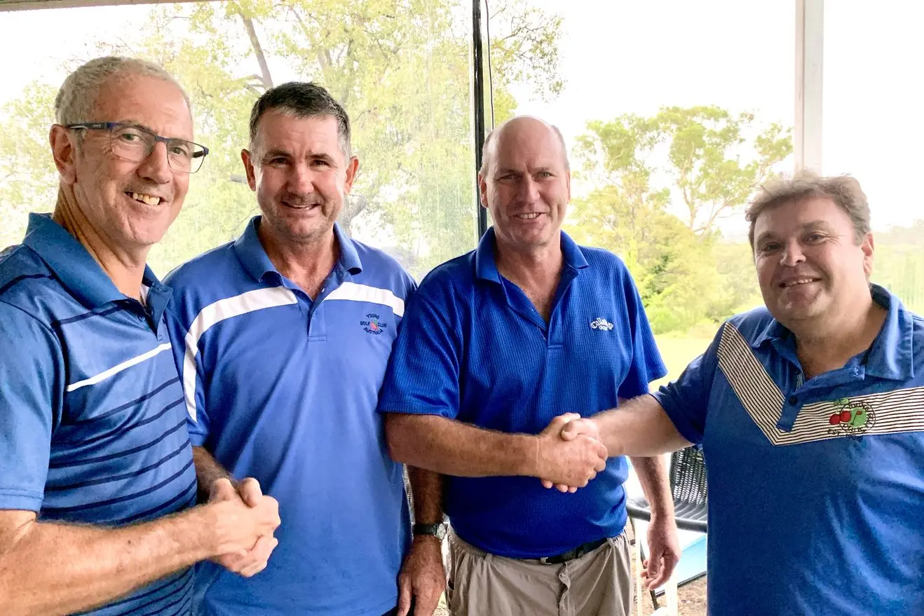 Saturday 4BBB runners up Darce Whinam and Gary Anderson congratulate winners Craig Taylor and Steve Smith. PHOTO: Supplied.