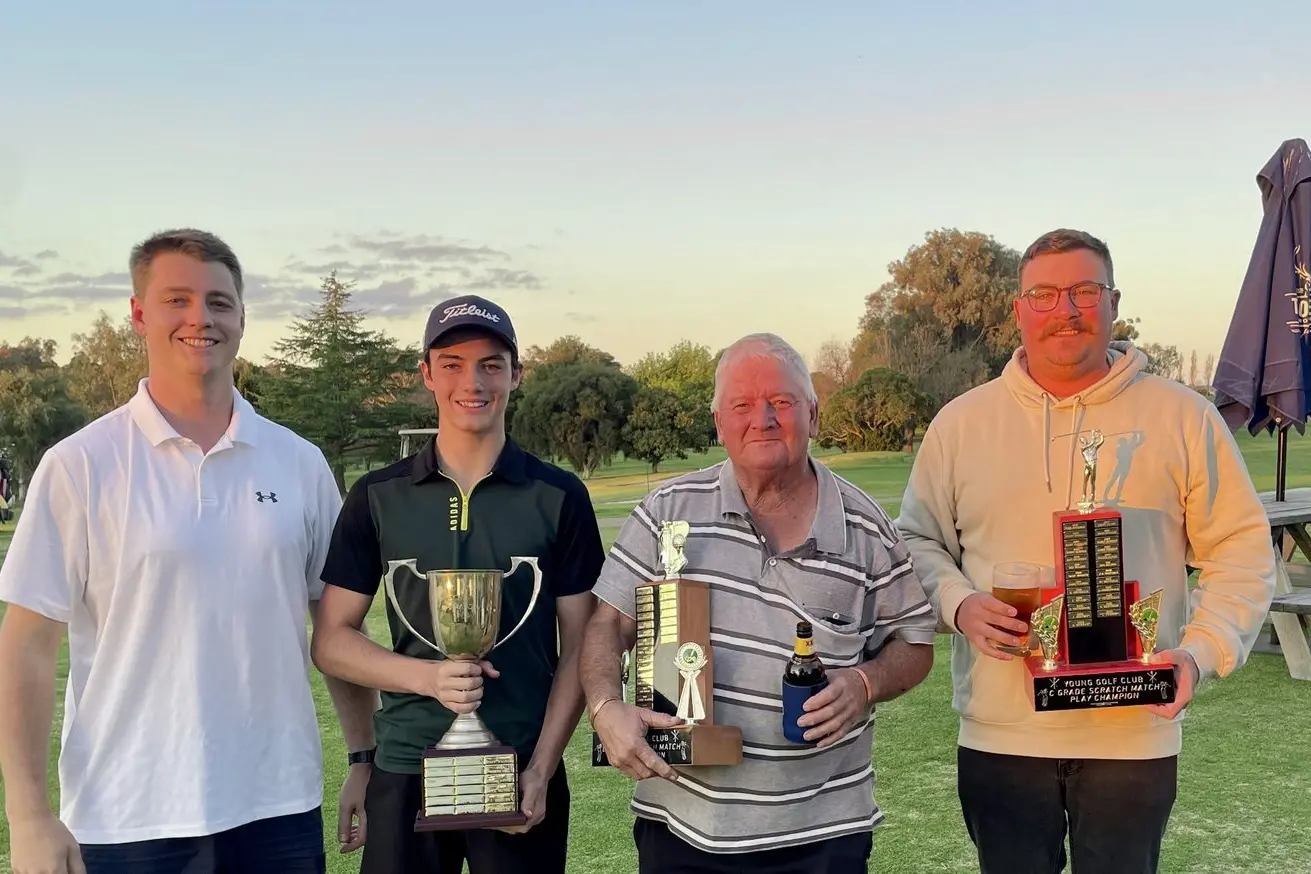 Ray White 2024 Scratch Match Matchplay Champions: Sponsor Bailey Coombes with A Grade Champion Levi French, B Grade Champion Ian Wells and C Grade Champion Ben Murray. Photo: Supplied.