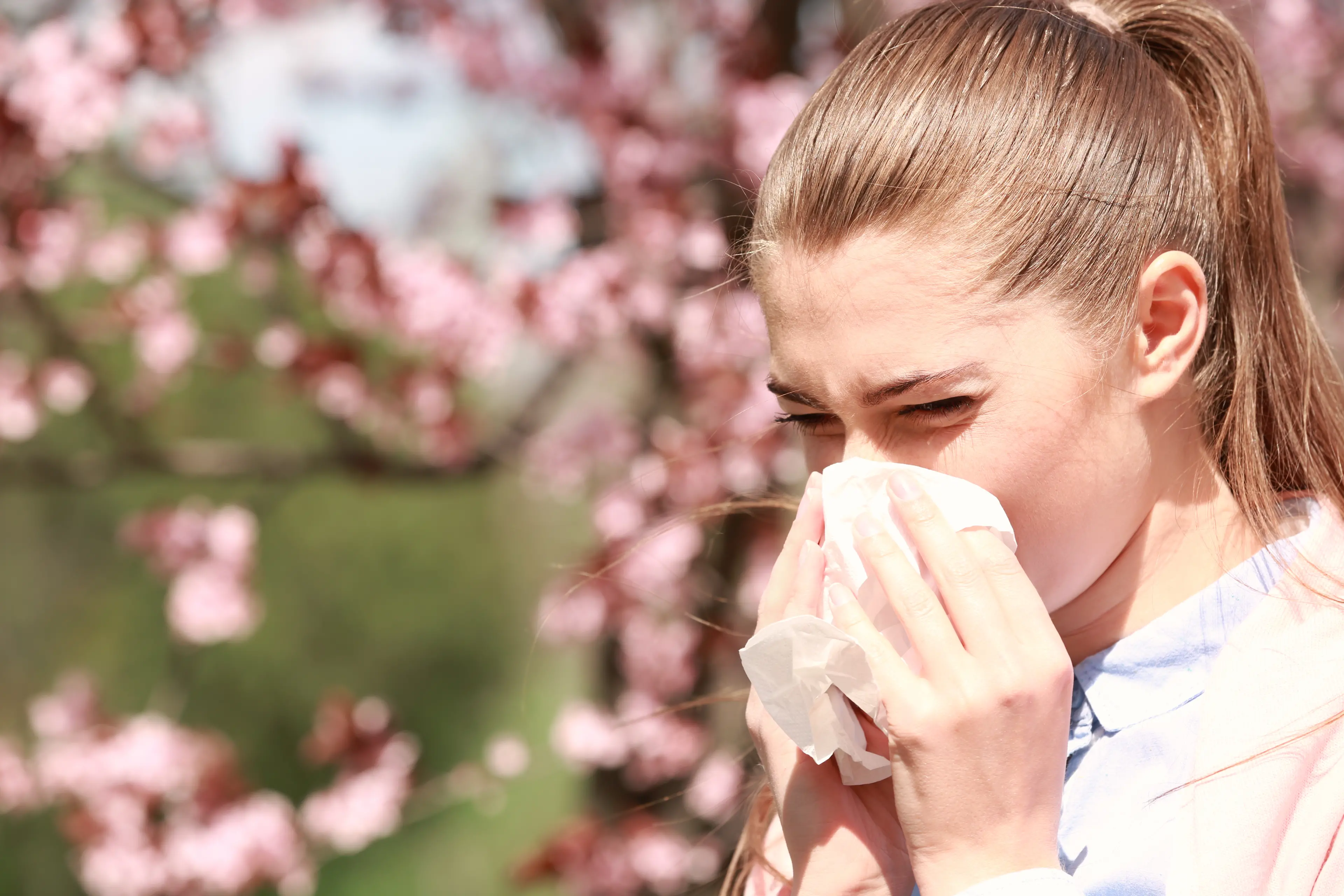 <p>Sneezing young girl with nose wiper among blooming trees in park</p>\\n