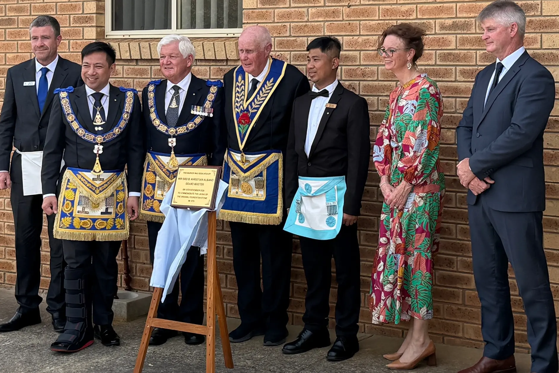 <p>The Lodge\\u2019s Entered Apprentice Freemason Brother David Schulz, the Grand Master, the previous Grand Master Most Worshipful Brother Derek Robson AM, Brother Michael Santias, Ms Steph Cooke and Cr Brian Ingram. PHOTO: Supplied</p>\\n