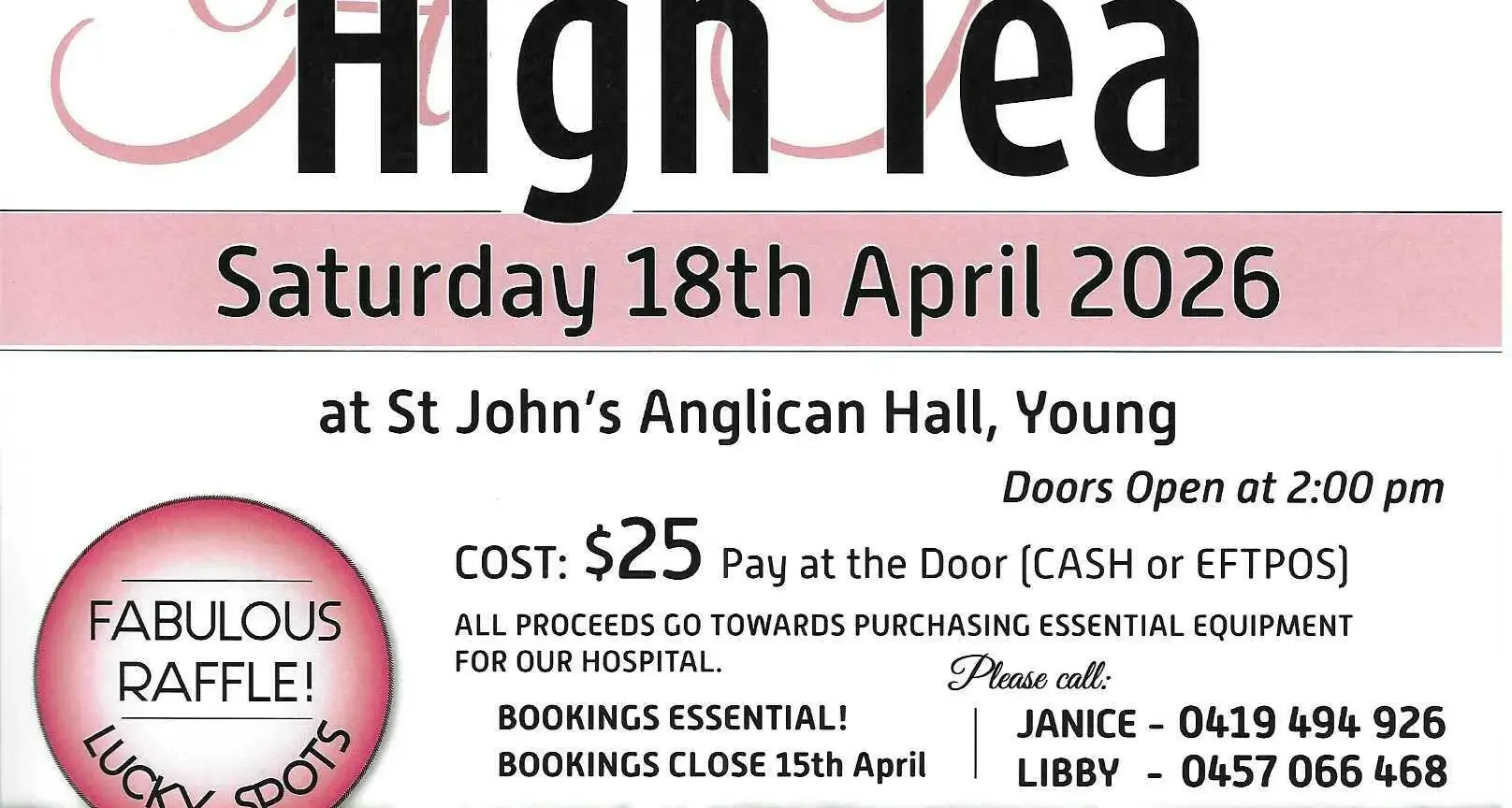 Young Hospital Auxiliary High Tea coming up soon