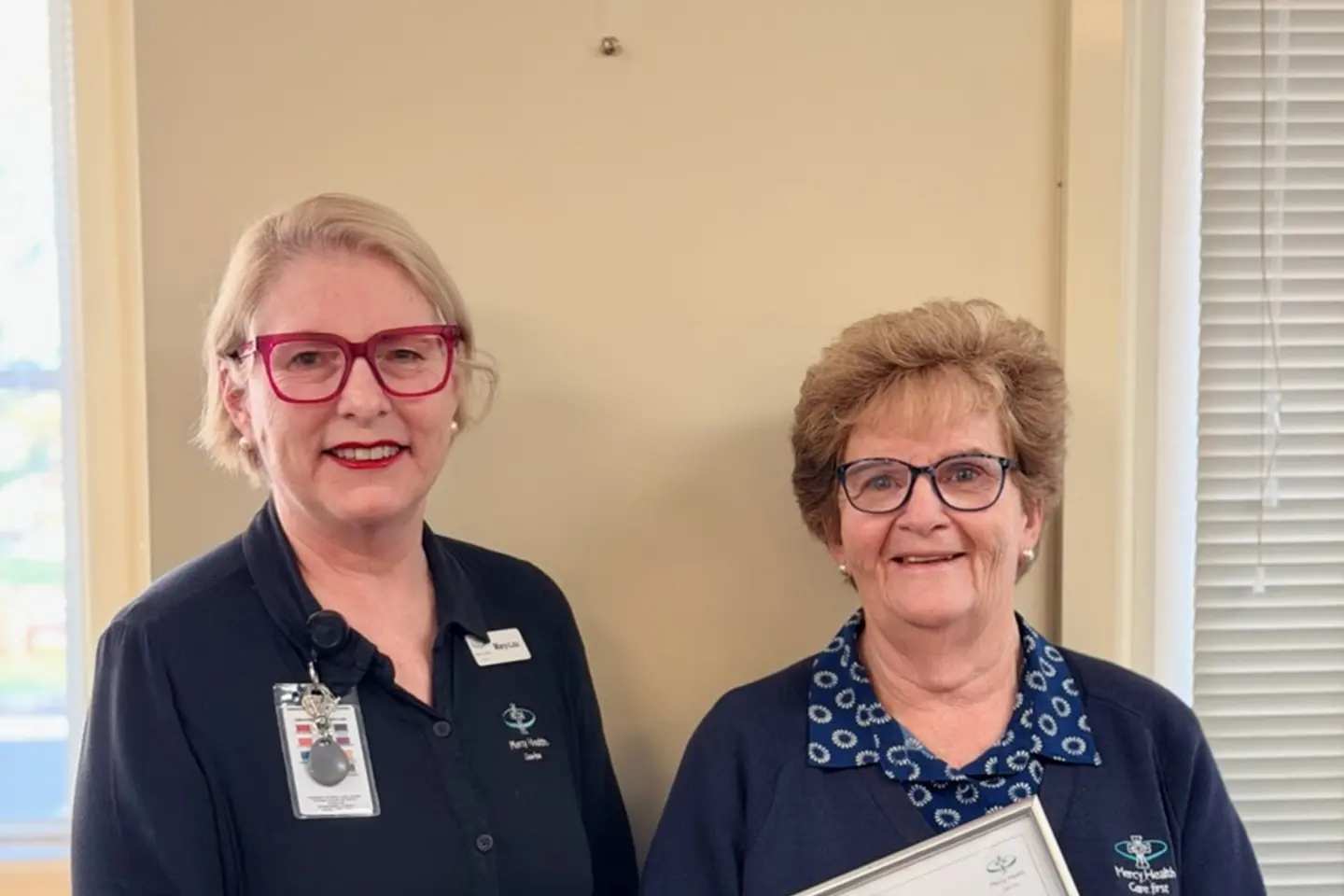 <p>Mary-Lou Cusack OM/DON congratulating Marlene Irving on her award nomination. PHOTOS: Supplied</p>\\n