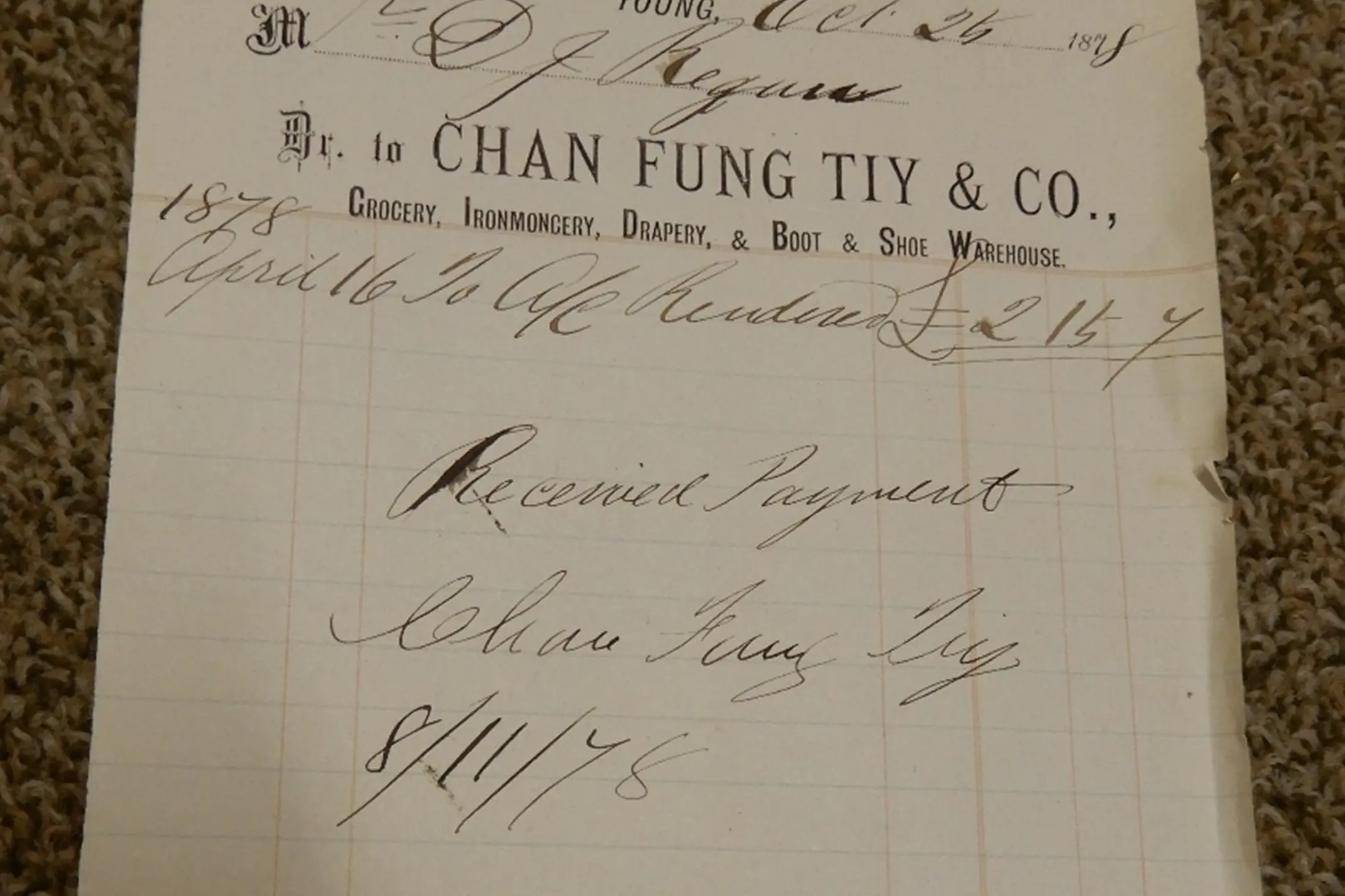 <p>Amongst the papers of the Estate of James White is this receipt made out to D.J. Regan from Chan Fung Tiy in 1878. PHOTO Supplied</p>\\n
