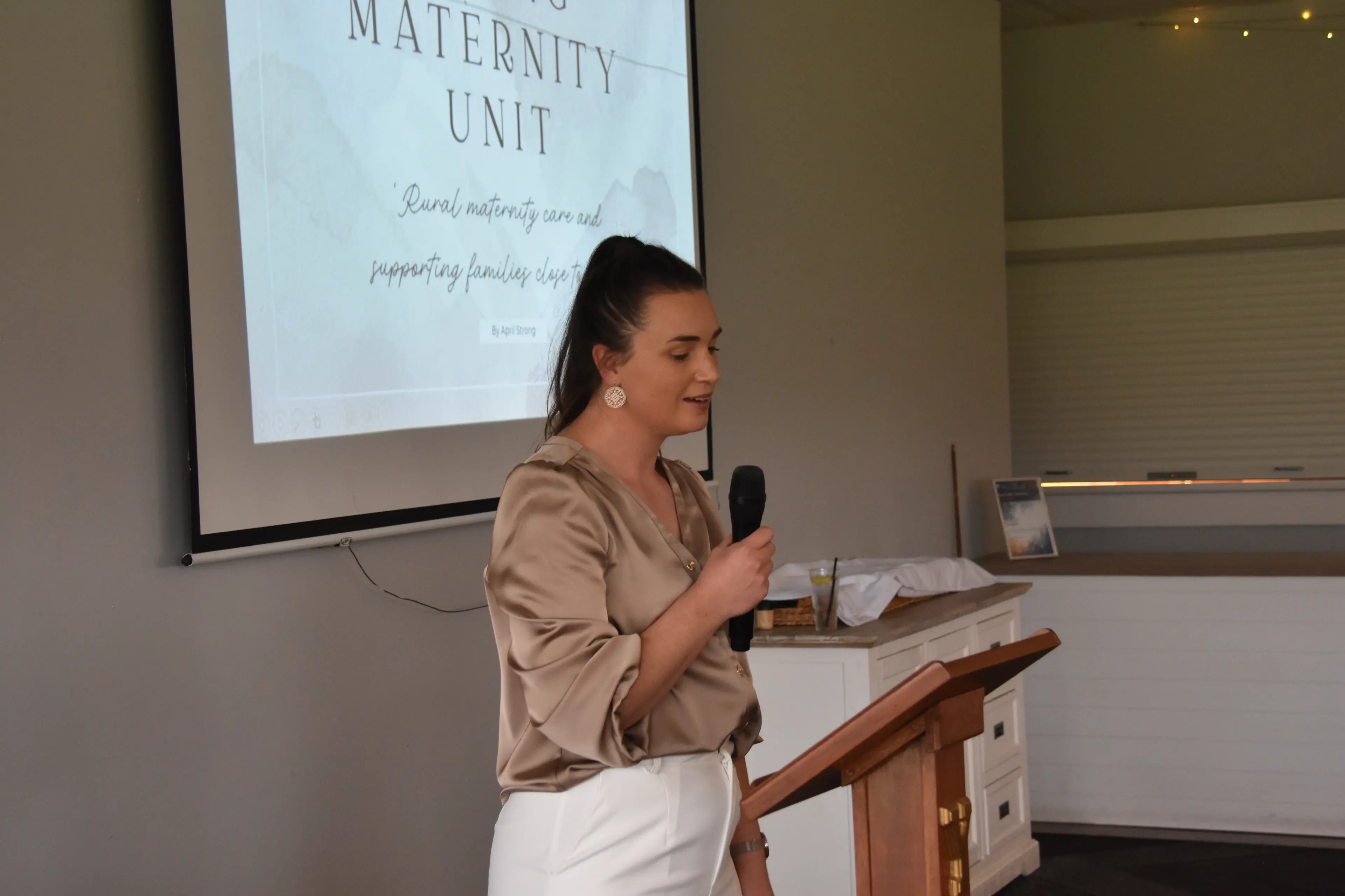 <p>Manager of the maternity ward at Young Hospital April Strong presented at the Hospital Auxiliary\\'s luncheon. PHOTO: Rheannon Watts</p>\\n