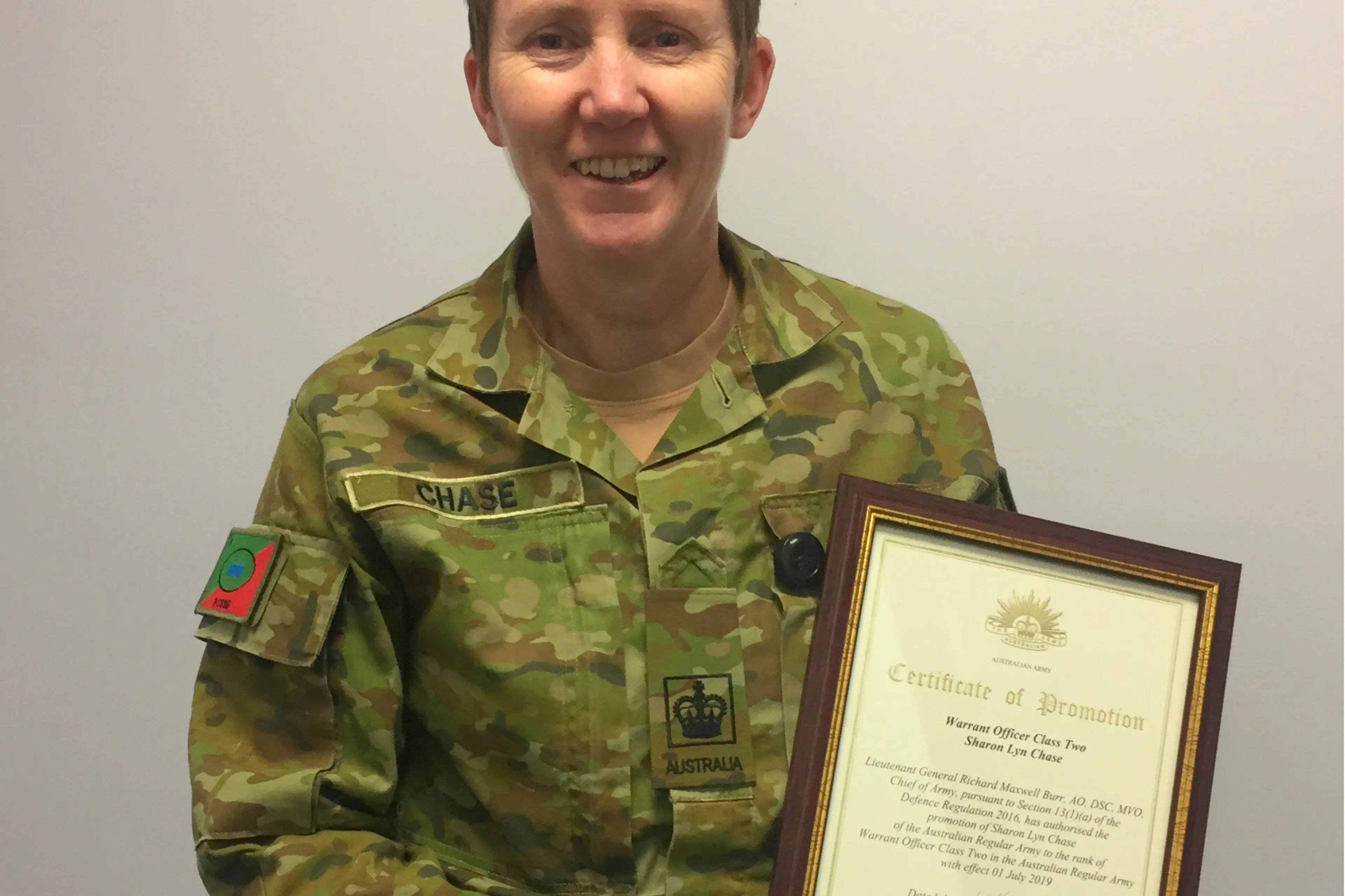 <p>Sharon Chase at Warradale Barracks after receiving her promotion to Warrant Officer Class Two on 16 July 2019. Photo supplied</p>\\n