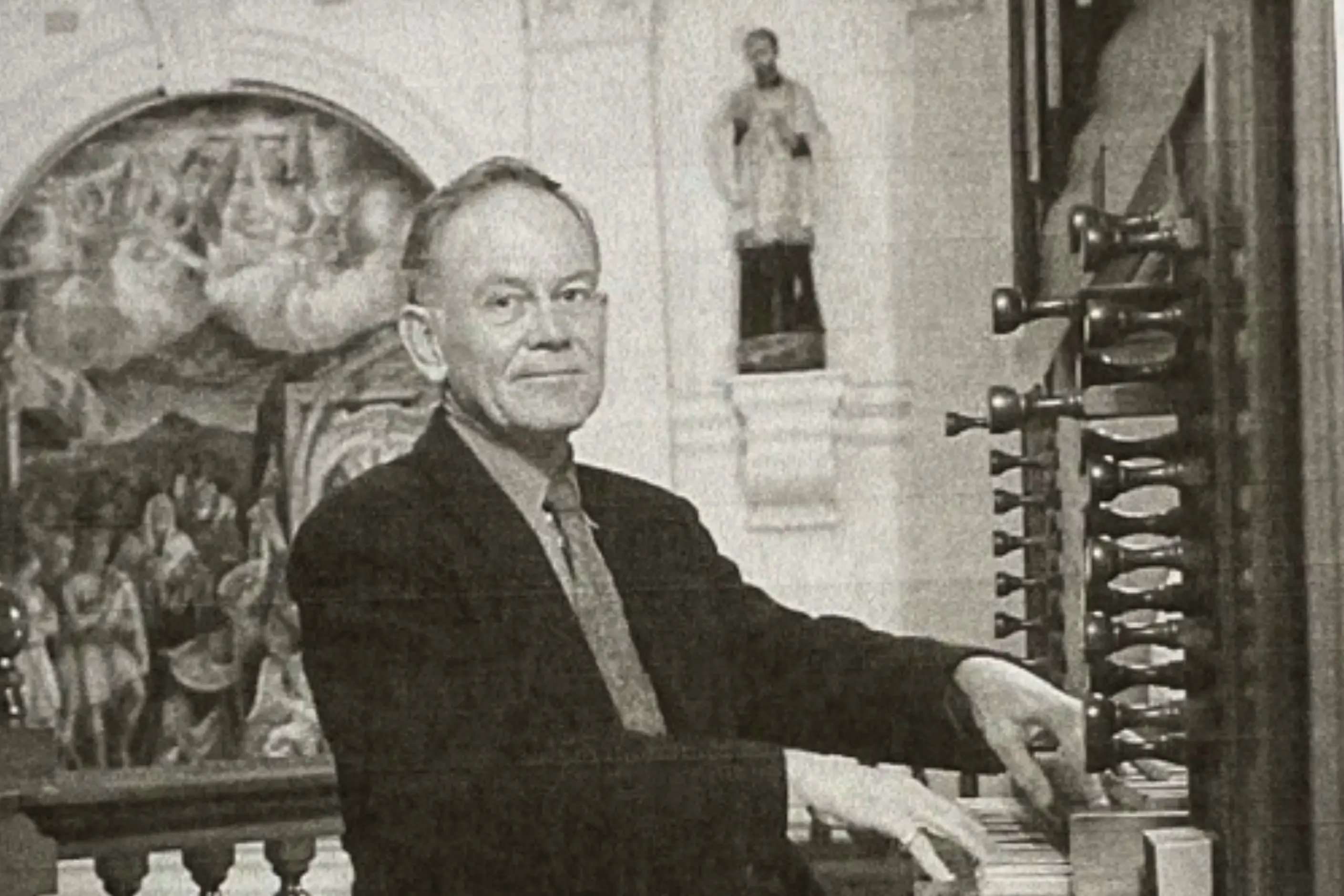 <p>David Kinsela at the organ of Mary Immaculate Catholic Church, Waverley. The musician grew up in Young and went on to become an internationally respected organist, harpsichordist and scholar.</p>\\n