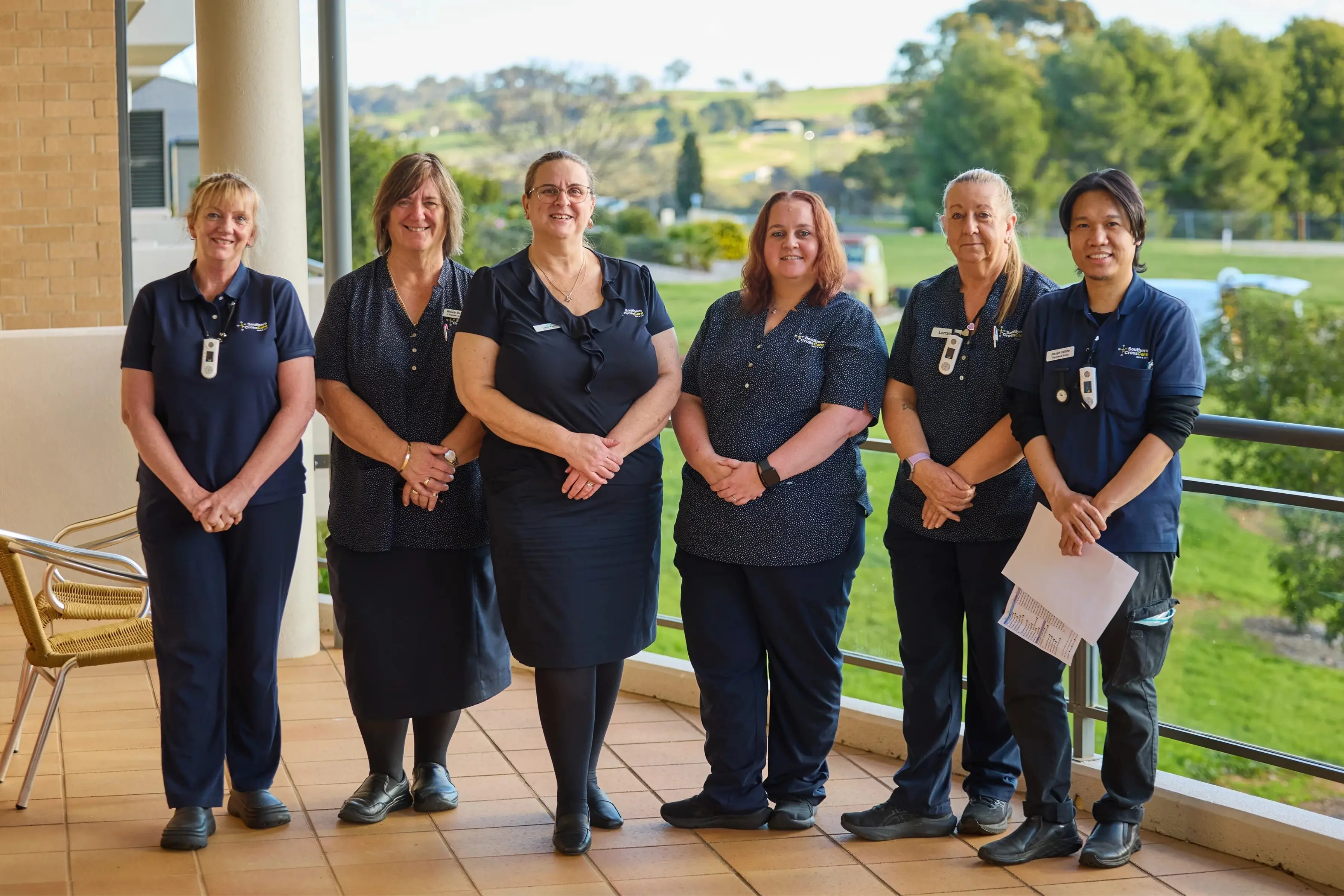 <p>Southern Cross Care Young team members Trish Nolan, Care Service Employee / Allied Health Assistant; Wendy Callaghan, Leisure and Lifestyle Coordinator; Lucie Flynn, Residential Manager; Jo Simms, Care Service Employee; Lorraine Webster, Care Service Employee; and Joe Delfino, Registered Nurse.</p>\\n